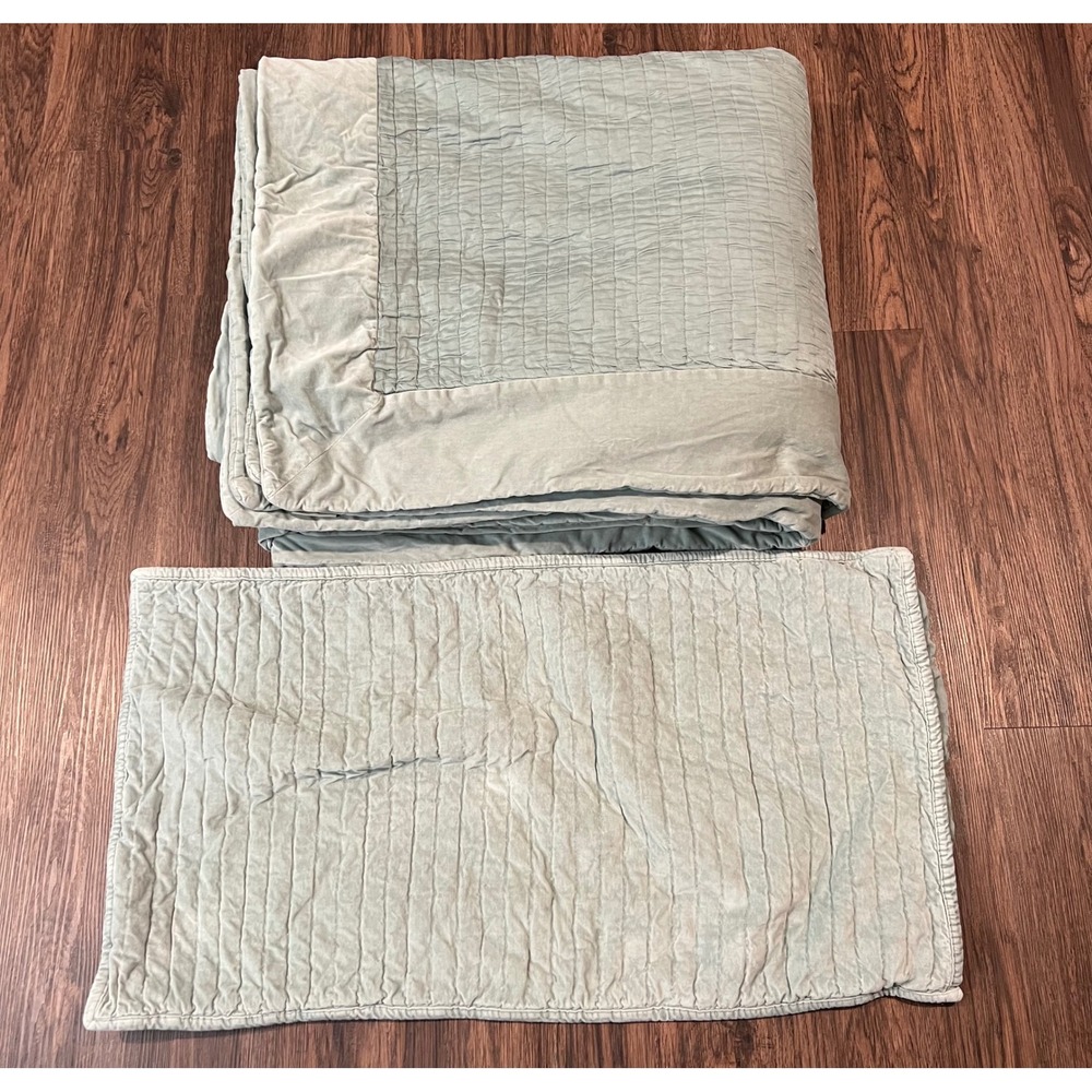 Pottery Barn King Quilt one Sham Sage Green Silk Cotton Velvet Channel Stitch